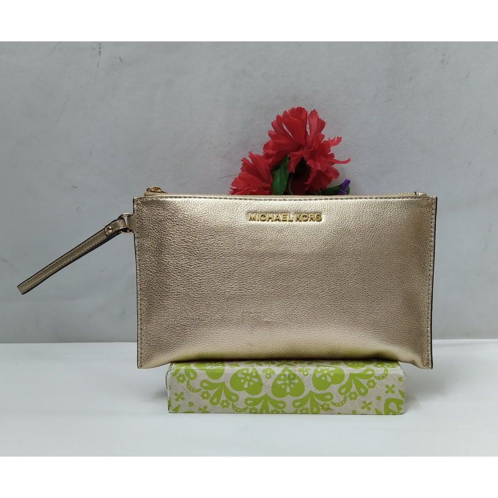 Michael Kors Gold Leather Zipper Closure Credit Card Wristlet - Wallet
